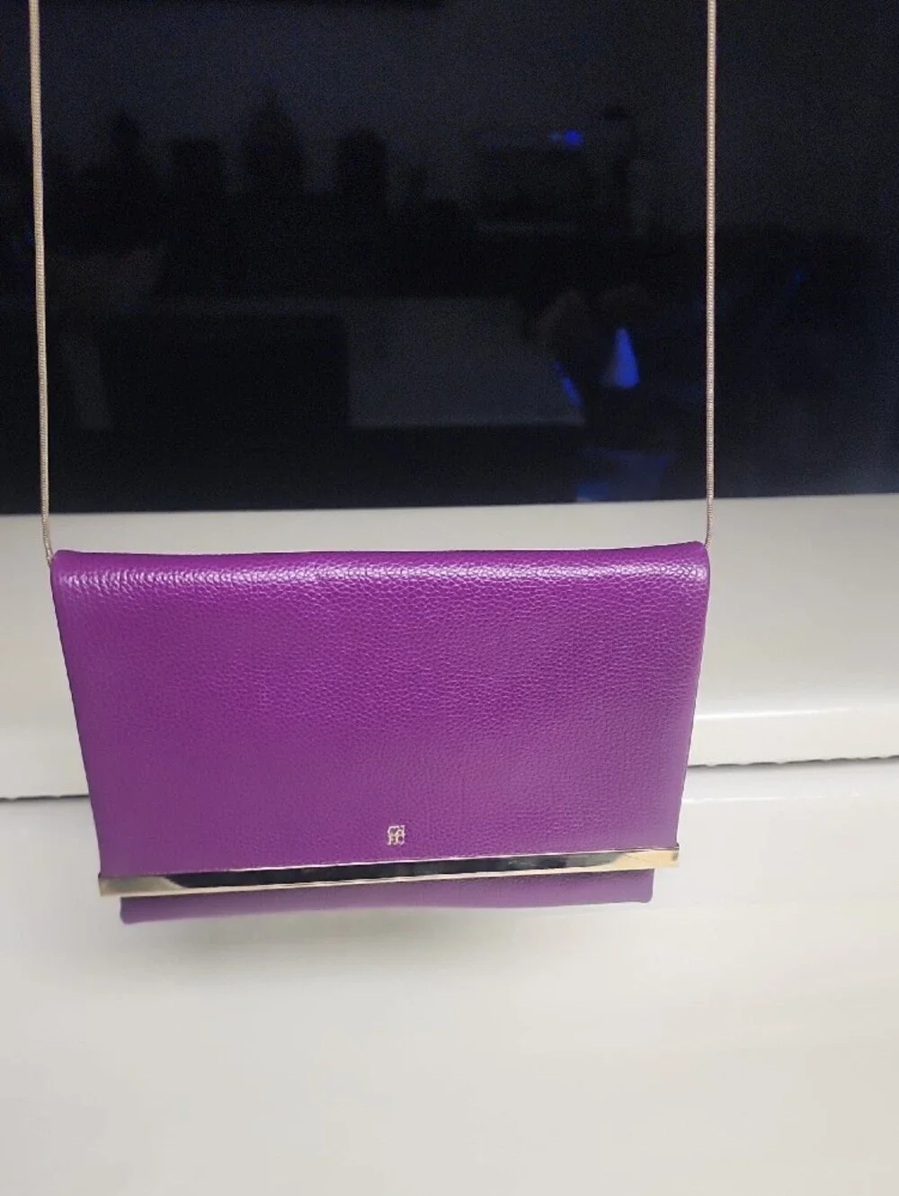 Carolina Herrera Purple Leather Clutch with Silver Chain